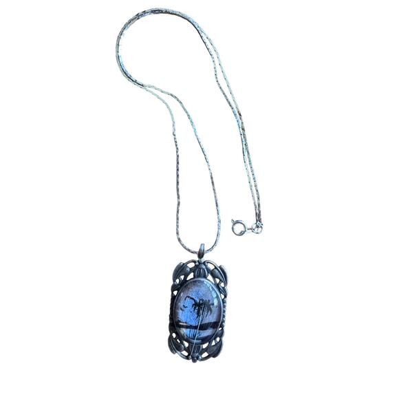 Vintage Butterfly WingTropical Sunset Palm Trees Pendant Necklace - 1950s - Picture 2 of 4